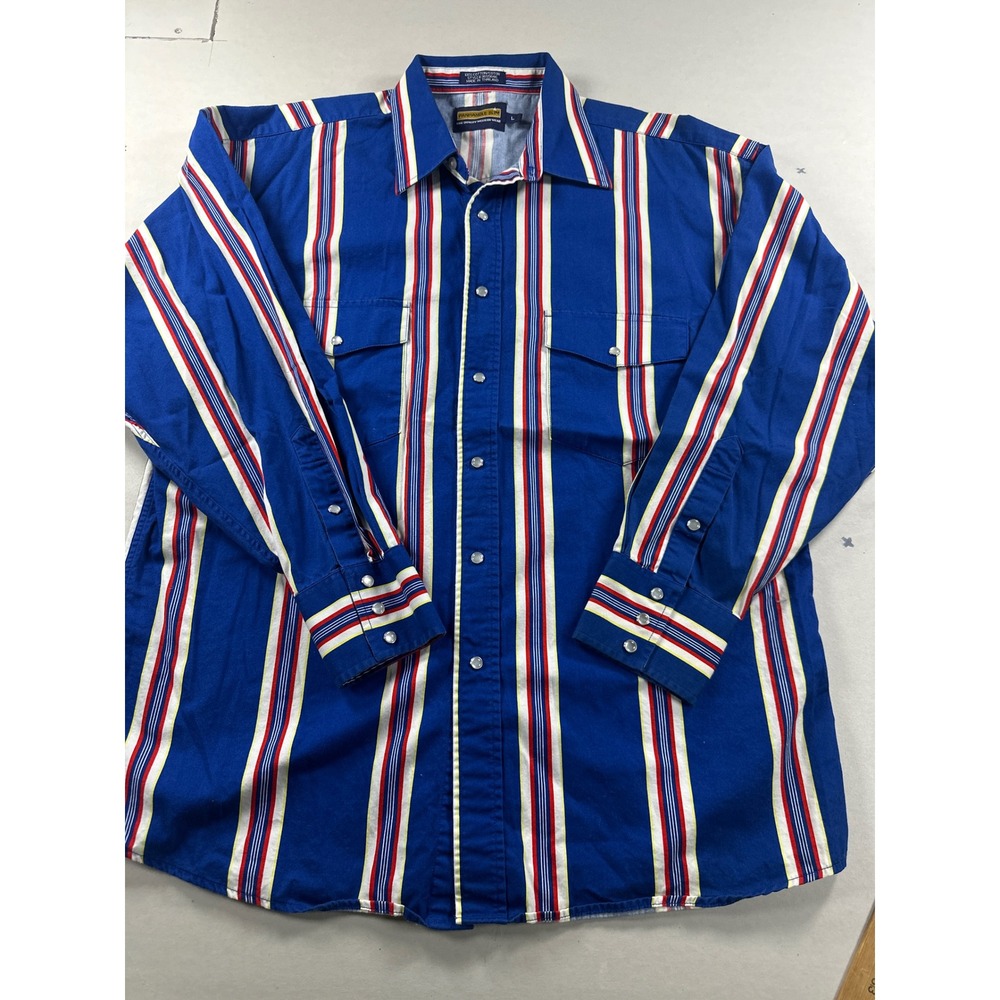 Vintage Panhandle Slim Mens Blue Red Striped Western Pearl Snap Shirt Large